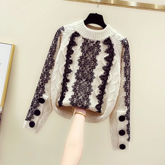 Chunky lace knit sweater button cream beige black lace long sleeve winter - Picture 3 of 5